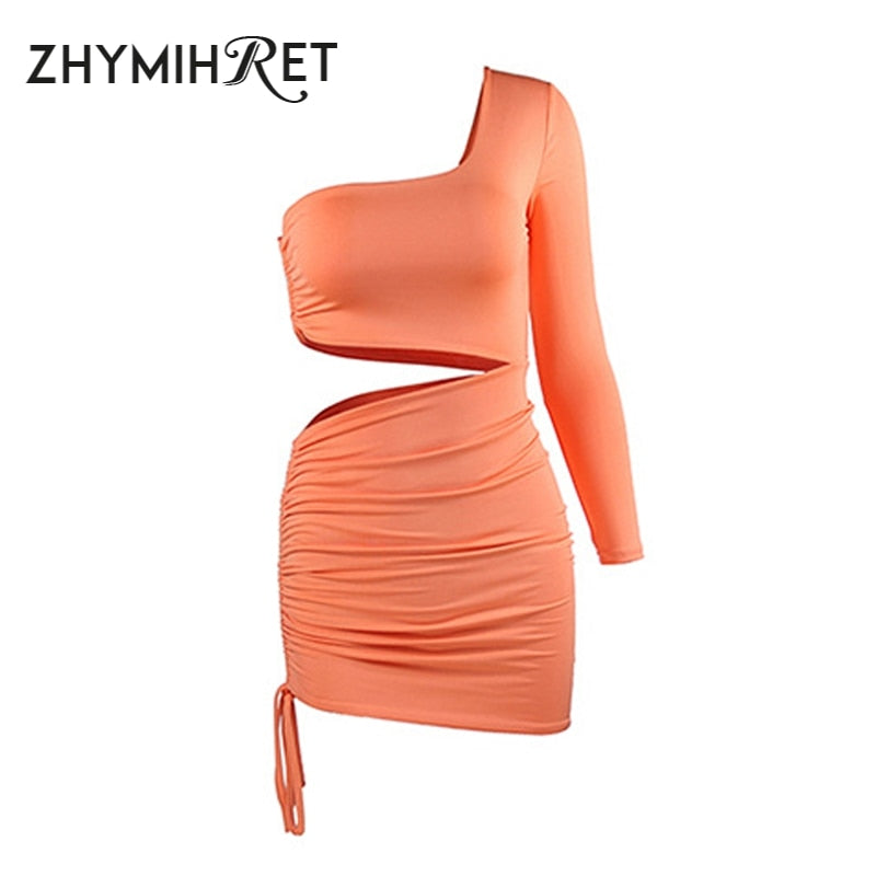 ZHYMIHRET Fashion Fall One Shoulder Dress Women 2022 Sexy Ruched Waist Hollow Out Dresses Long Sleeve Vestido De Festa Longo