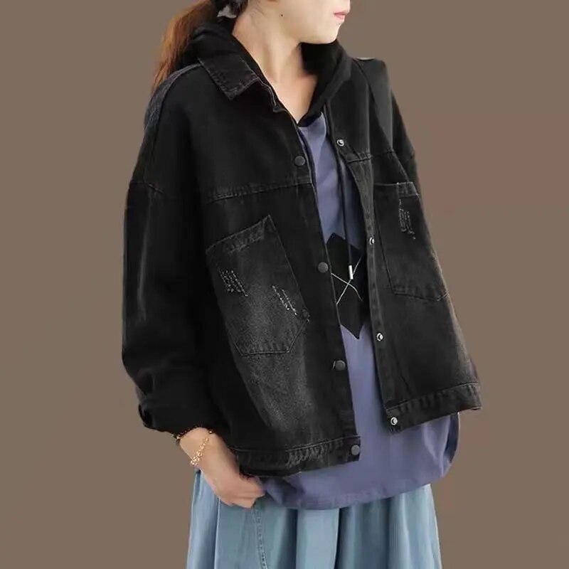 Women's Clothing 2022 Spring New Korean Version Loose Literary Retro Old-Fashioned Denim Women's Long-Sleeved Short Jacket