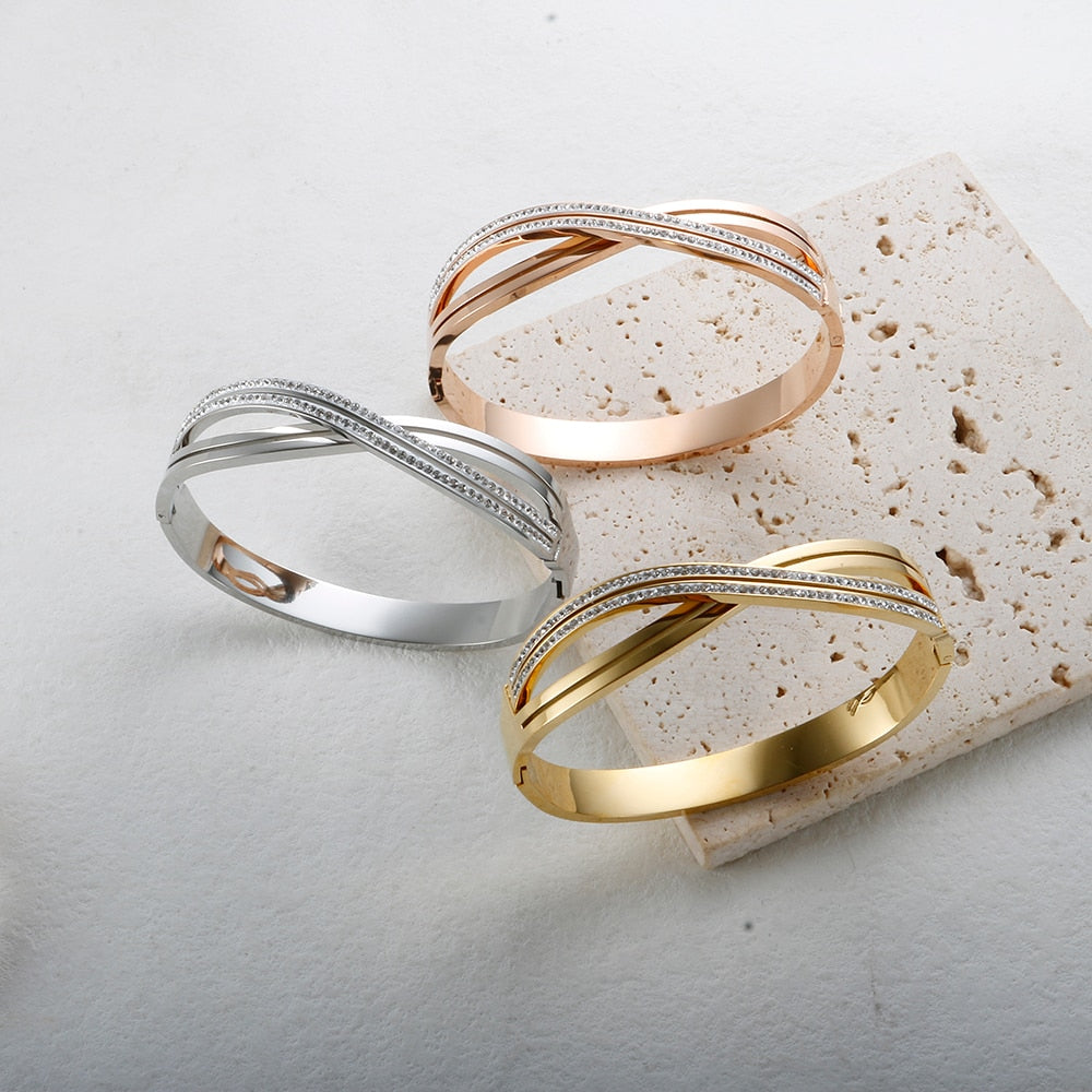 JINHUI Cross Rhinestone Cuff Bangles & Bracelets For Women Girls Popular Stainless Steel Luxury Crystal Bracelet Female Jewelry