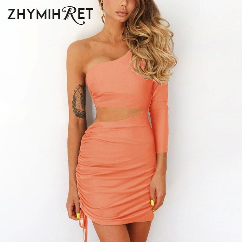 ZHYMIHRET  Fashion Fall One Shoulder Dress Women 2022 Sexy Ruched Waist Hollow Out Dresses Long Sleeve Vestido De Festa Longo