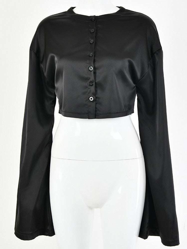 Fantoye Casual Satin Two Piece Dress Set For Women White O-neck Button Top Bandage Mini Pencil Skirts Outfits Fashion Party Suit