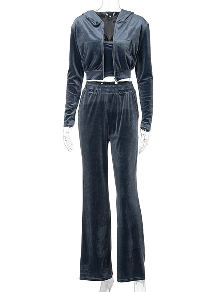 SEASONS Velvet Solid Women Three Piece Set Tube Crop Top Short Coat High Waist Wide Leg Pants Tracksuit Sporty Autumn ASSU86163