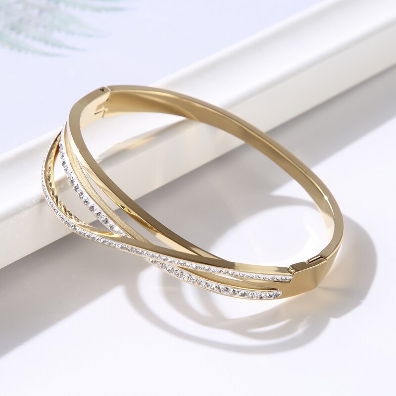 JINHUI Cross Rhinestone Cuff Bangles & Bracelets For Women Girls Popular Stainless Steel Luxury Crystal Bracelet Female Jewelry