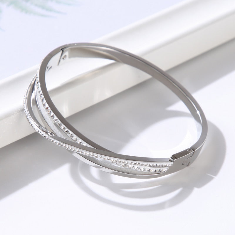 JINHUI Cross Rhinestone Cuff Bangles & Bracelets For Women Girls Popular Stainless Steel Luxury Crystal Bracelet Female Jewelry