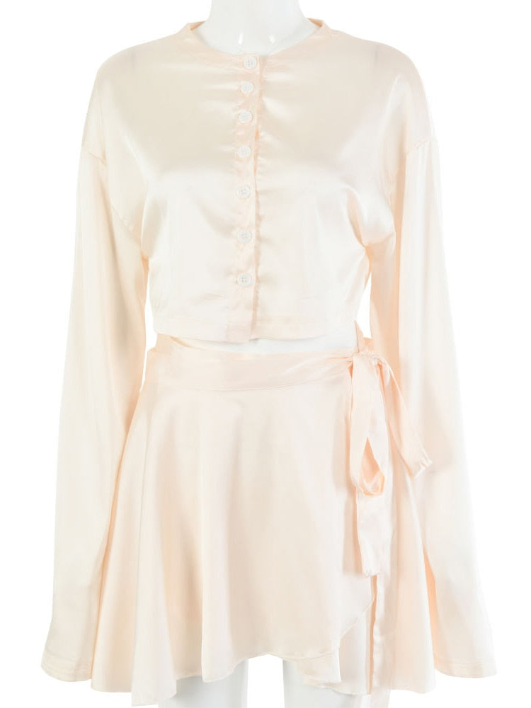 Fantoye Casual Satin Two Piece Dress Set For Women White O-neck Button Top Bandage Mini Pencil Skirts Outfits Fashion Party Suit