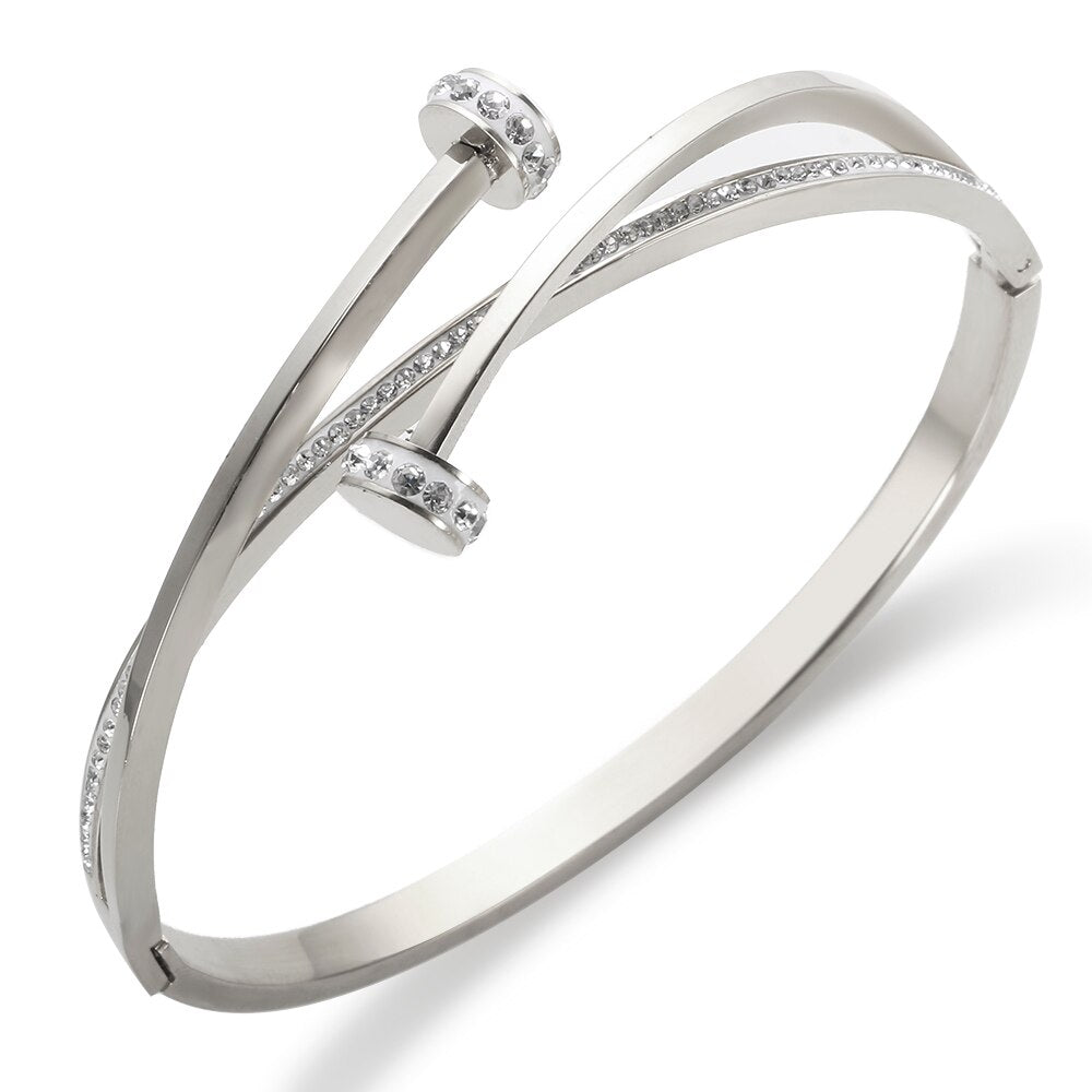 JINHUI Cross Rhinestone Cuff Bangles & Bracelets For Women Girls Popular Stainless Steel Luxury Crystal Bracelet Female Jewelry
