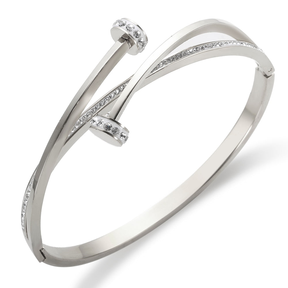 JINHUI Cross Rhinestone Cuff Bangles & Bracelets For Women Girls Popular Stainless Steel Luxury Crystal Bracelet Female Jewelry