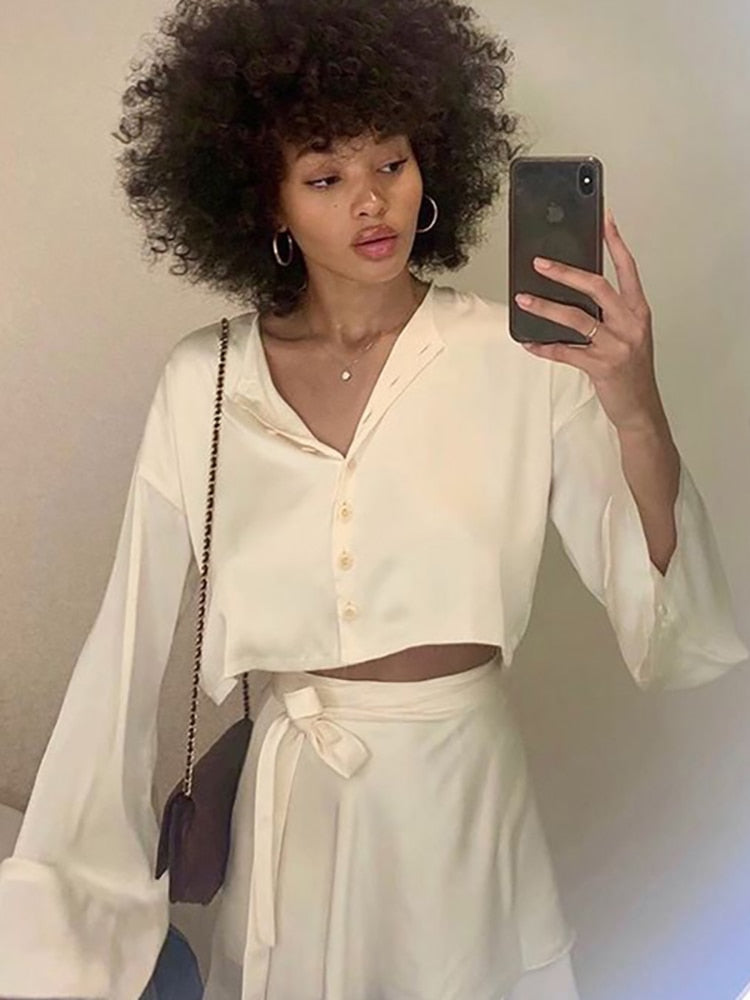 Fantoye Casual Satin Two Piece Dress Set For Women White O-neck Button Top Bandage Mini Pencil Skirts Outfits Fashion Party Suit