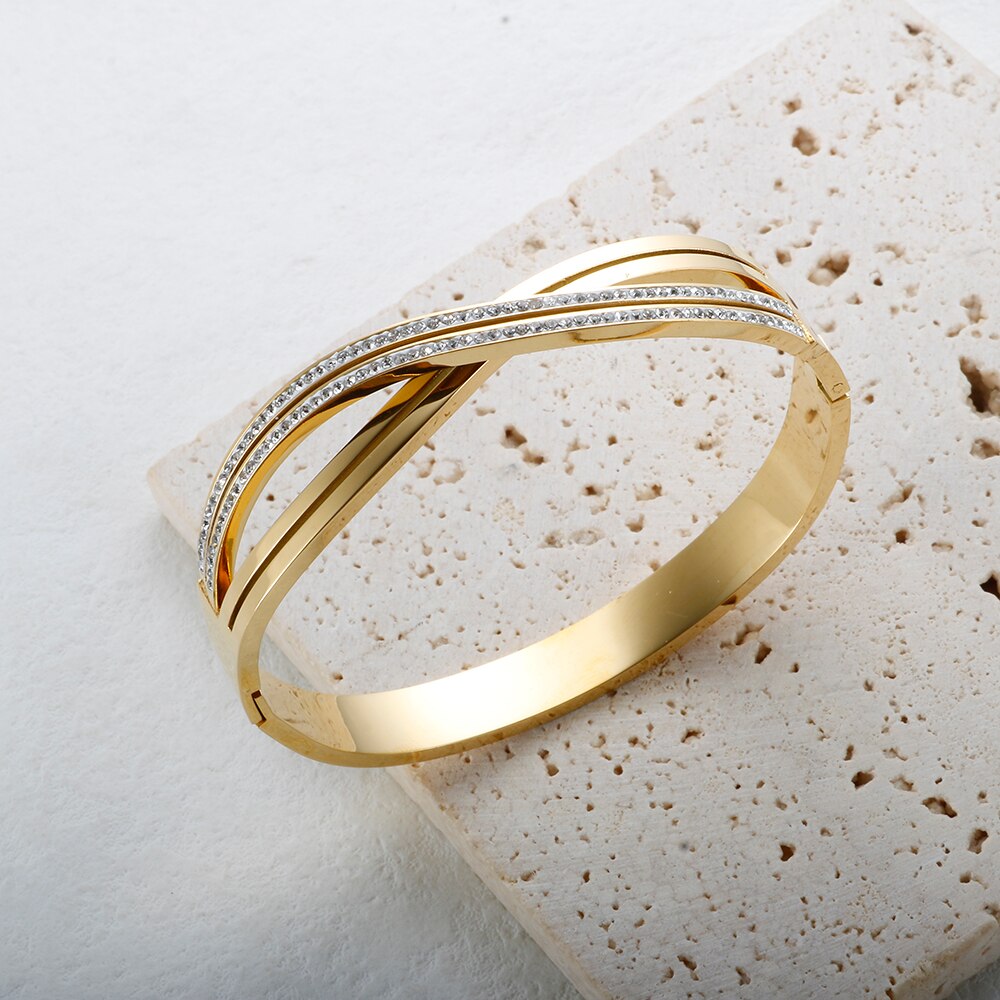 JINHUI Cross Rhinestone Cuff Bangles & Bracelets For Women Girls Popular Stainless Steel Luxury Crystal Bracelet Female Jewelry