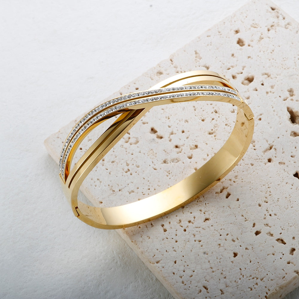 JINHUI Cross Rhinestone Cuff Bangles & Bracelets For Women Girls Popular Stainless Steel Luxury Crystal Bracelet Female Jewelry