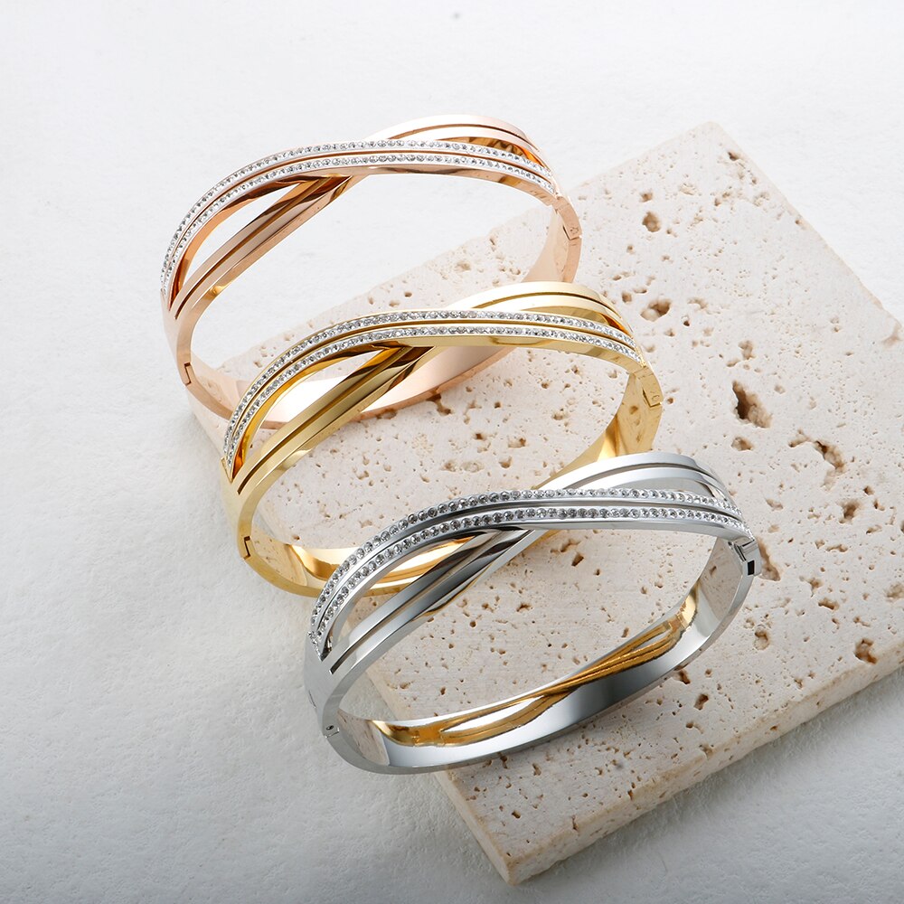 JINHUI Cross Rhinestone Cuff Bangles & Bracelets For Women Girls Popular Stainless Steel Luxury Crystal Bracelet Female Jewelry