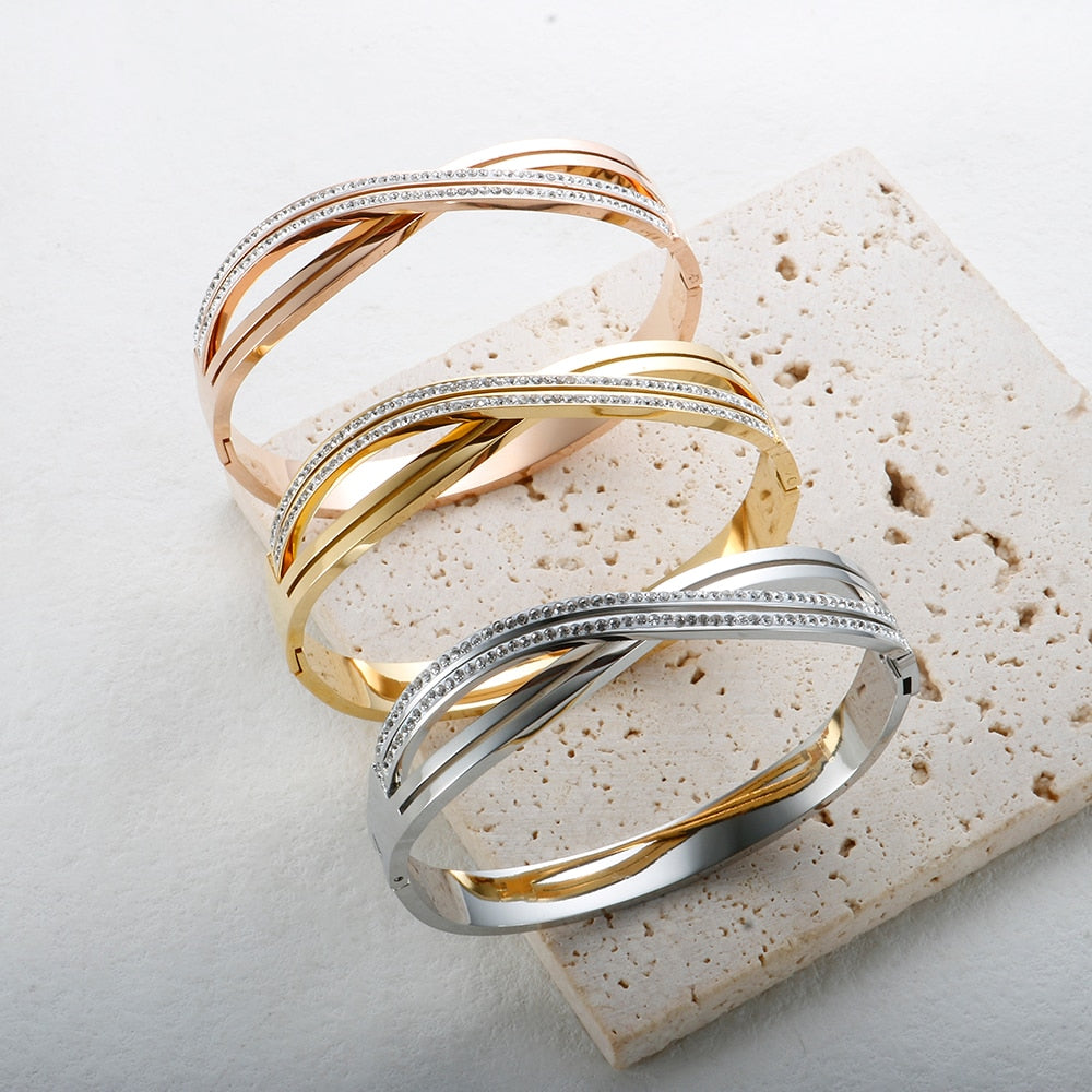 JINHUI Cross Rhinestone Cuff Bangles & Bracelets For Women Girls Popular Stainless Steel Luxury Crystal Bracelet Female Jewelry