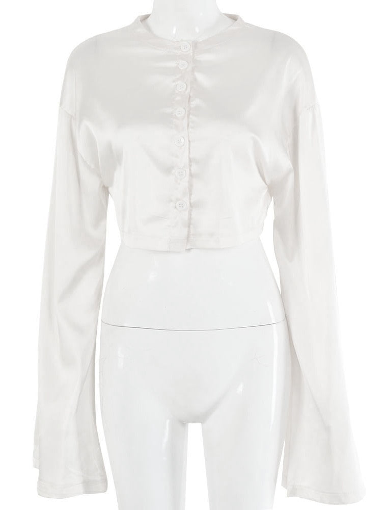 Fantoye Casual Satin Two Piece Dress Set For Women White O-neck Button Top Bandage Mini Pencil Skirts Outfits Fashion Party Suit