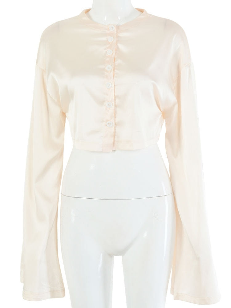 Fantoye Casual Satin Two Piece Dress Set For Women White O-neck Button Top Bandage Mini Pencil Skirts Outfits Fashion Party Suit